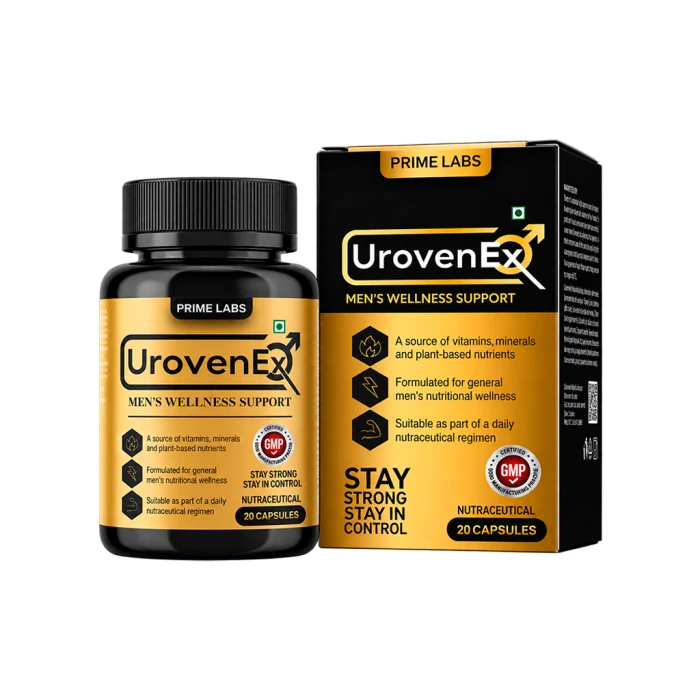 Urovenex prostate support capsules – bottle and box of 20, India