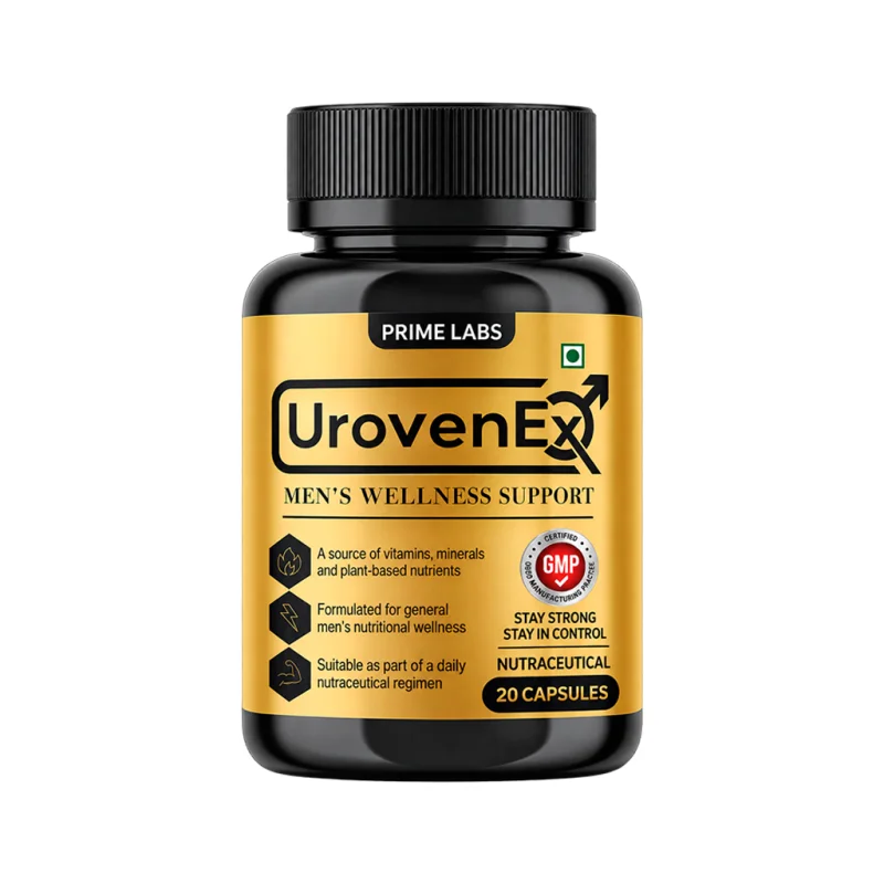 Urovenex – bottle of 20 nutraceutical capsules for men, front label