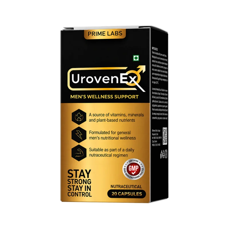 Urovenex – black and gold box with the green vegetarian dot and GMP mark